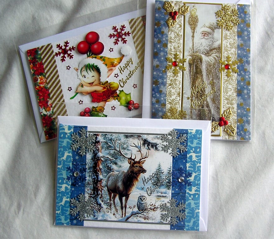 Set of 3 (Three) Beautiful Hand-Crafted Christmas Decoupage Greeting Cards (l)