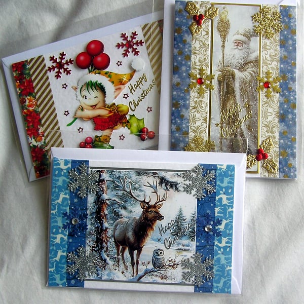 Set of 3 (Three) Beautiful Hand-Crafted Christmas Decoupage Greeting Cards (l)