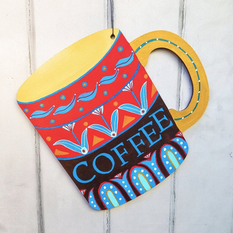 Hand painted decoration, wooden wall hanging coffee mug, original folk art 