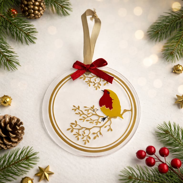 Handcrafted Robin Hanging Decoration – Winter Bird Ornament on Clear Acrylic