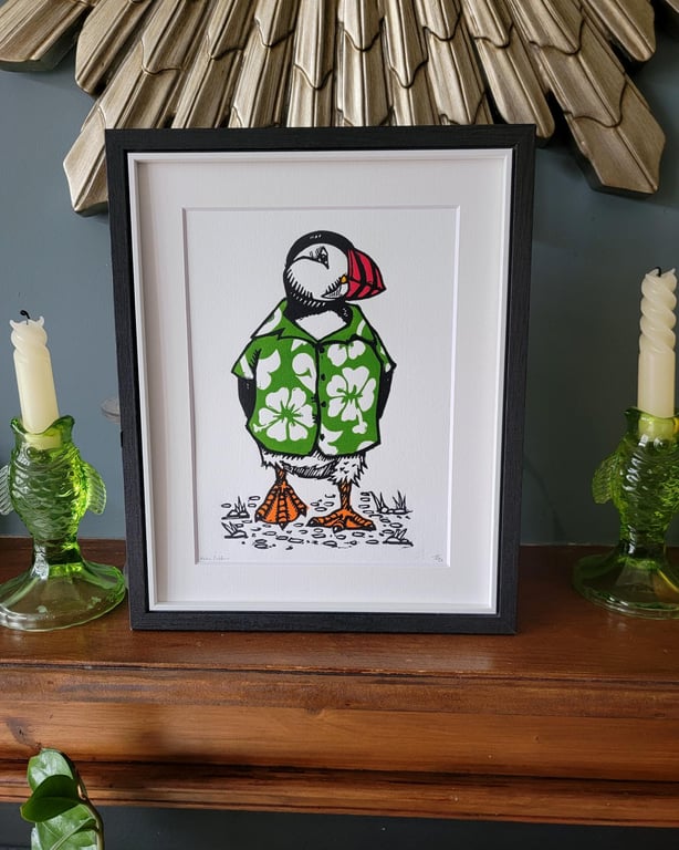 Puffin wearing a hawaiian shirt - handmade linocut bird art print