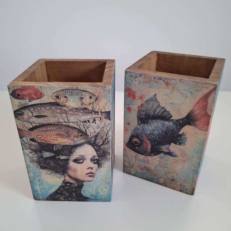 Decoupage Wooden Pen Pot Set, Surreal Fish & Ocean Desk Organiser, Set of Two