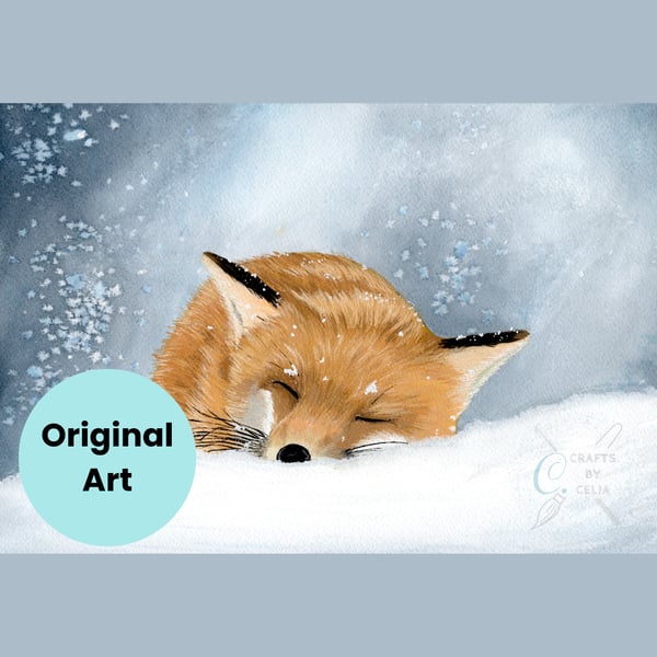 Original Sleeping Fox, Watercolour and Gouache Painting A4