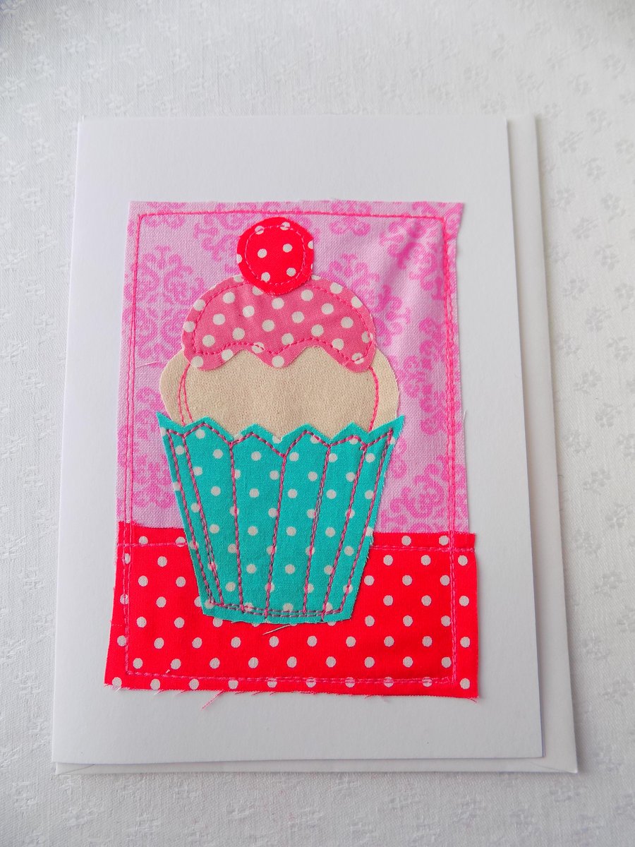 Cupcake Greeting Card Raw Edge Free Motion Embroidery Applique Stitched Fabric