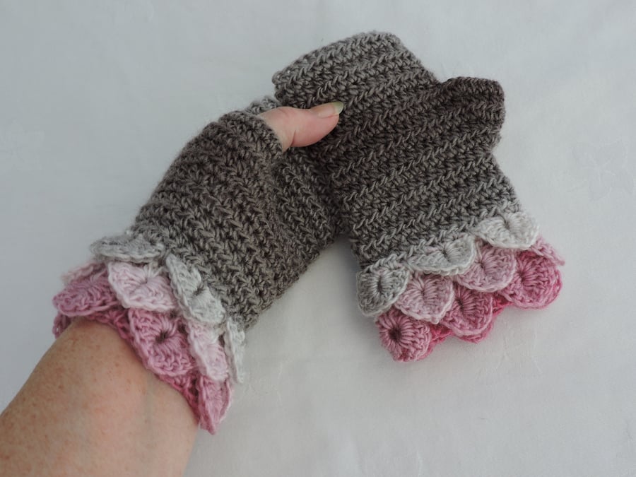 Crochet Fingerless Mitts with Dragon Scale Cuffs