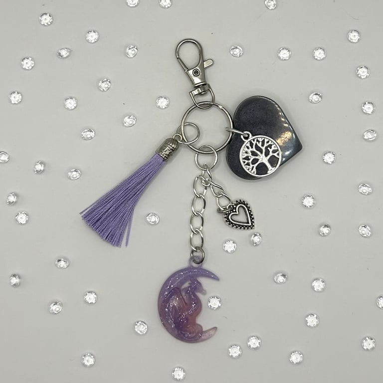 Crescent Moon Dragon Heart Resin Bag Charm, Keyring in Purple and Lilac Shades