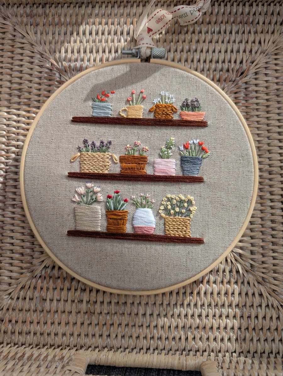 Embroidery Wall Hanging Decoration. Stunning Flower Shop Embroidery in Hoop 18cm