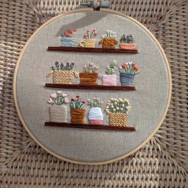 Embroidery Wall Hanging Decoration. Stunning Flower Shop Embroidery in Hoop 18cm