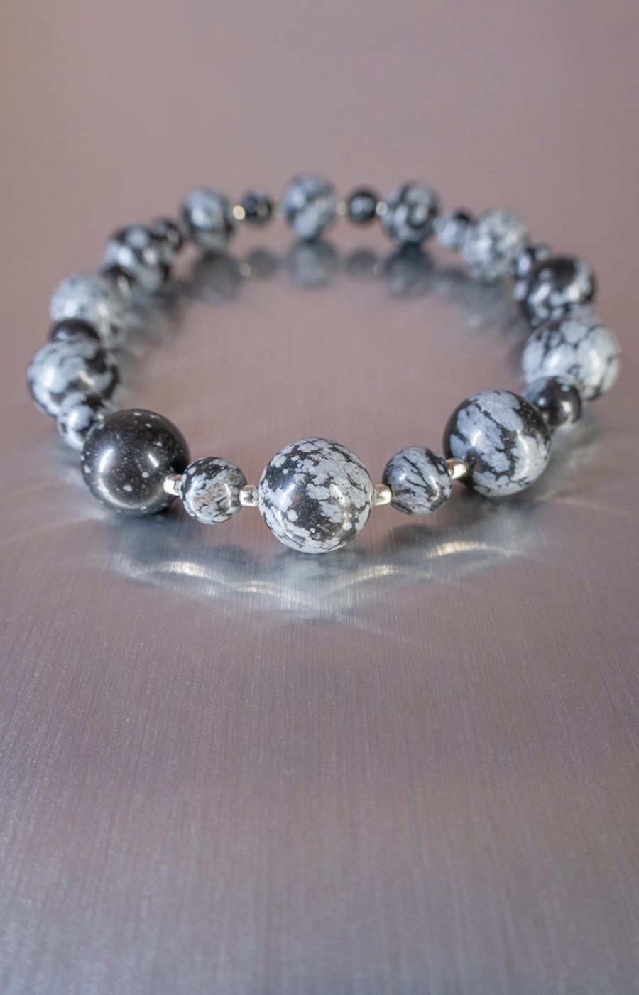 Bracelet Snowflake Obsidian and Sterling Silver Stretchy handmade