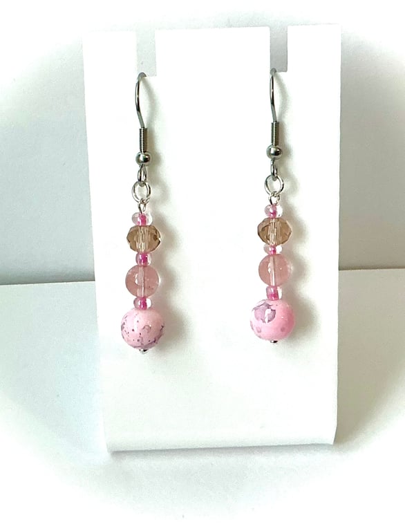 Pink Beaded Earrings with Rose Quartz