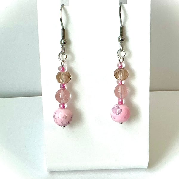 Pink Beaded Earrings with Rose Quartz