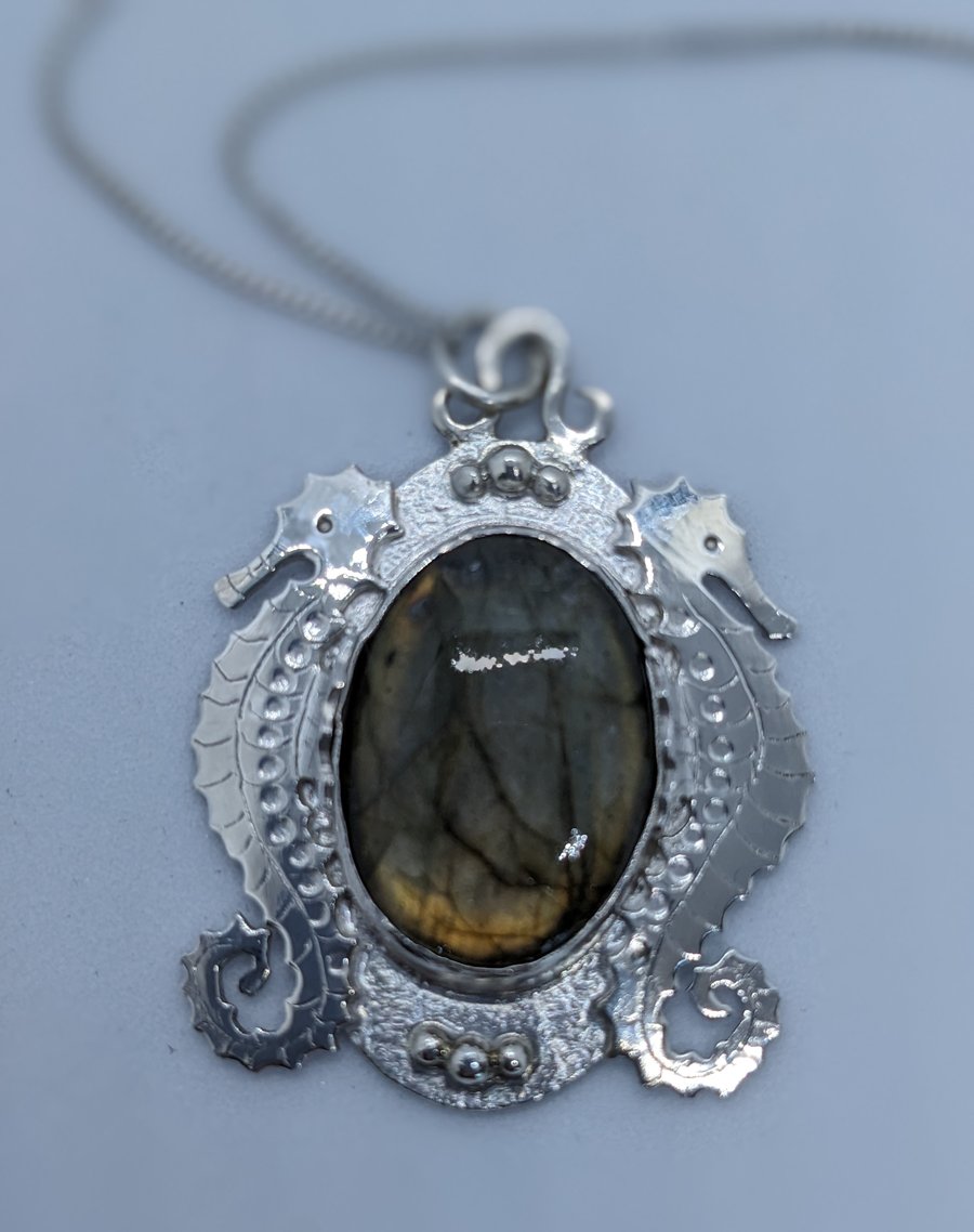 Seahorse pendant with labradorite, Silver sea themed pendant, Wildlife jewellery