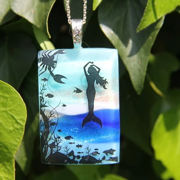 Dichroic Glass Mermaid Necklace: Fused Glass Sea Landscape Pendant F8