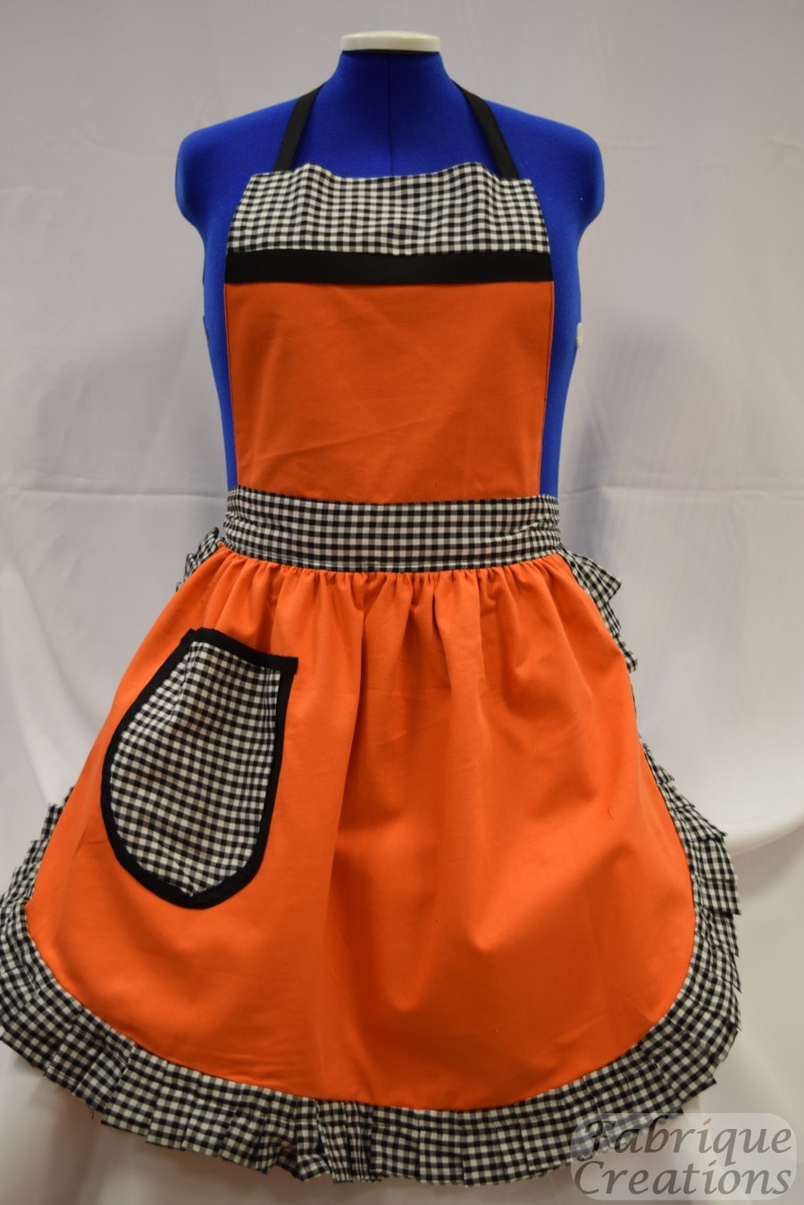 Vintage 50s Style Full Apron Pinny - Orange with Black & White Gingham Trim