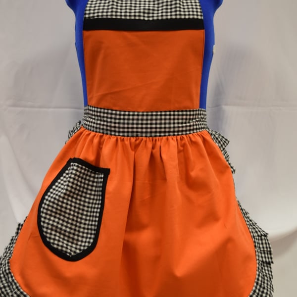 Vintage 50s Style Full Apron Pinny - Orange with Black & White Gingham Trim