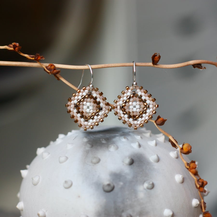 Handmade drop earrings in mocha, bronze and cream in a mosaic design.