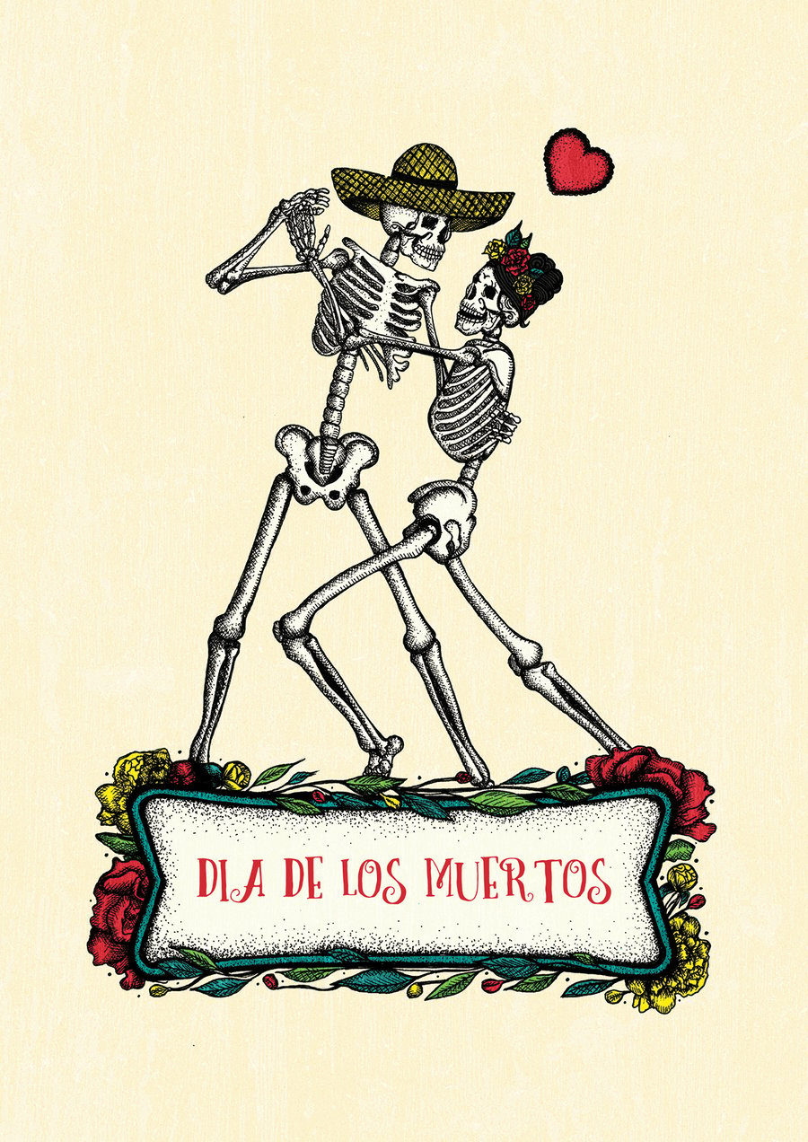 Day of the Dead, Dia de los muertos, Dancing Skeletons, A4 Art Print