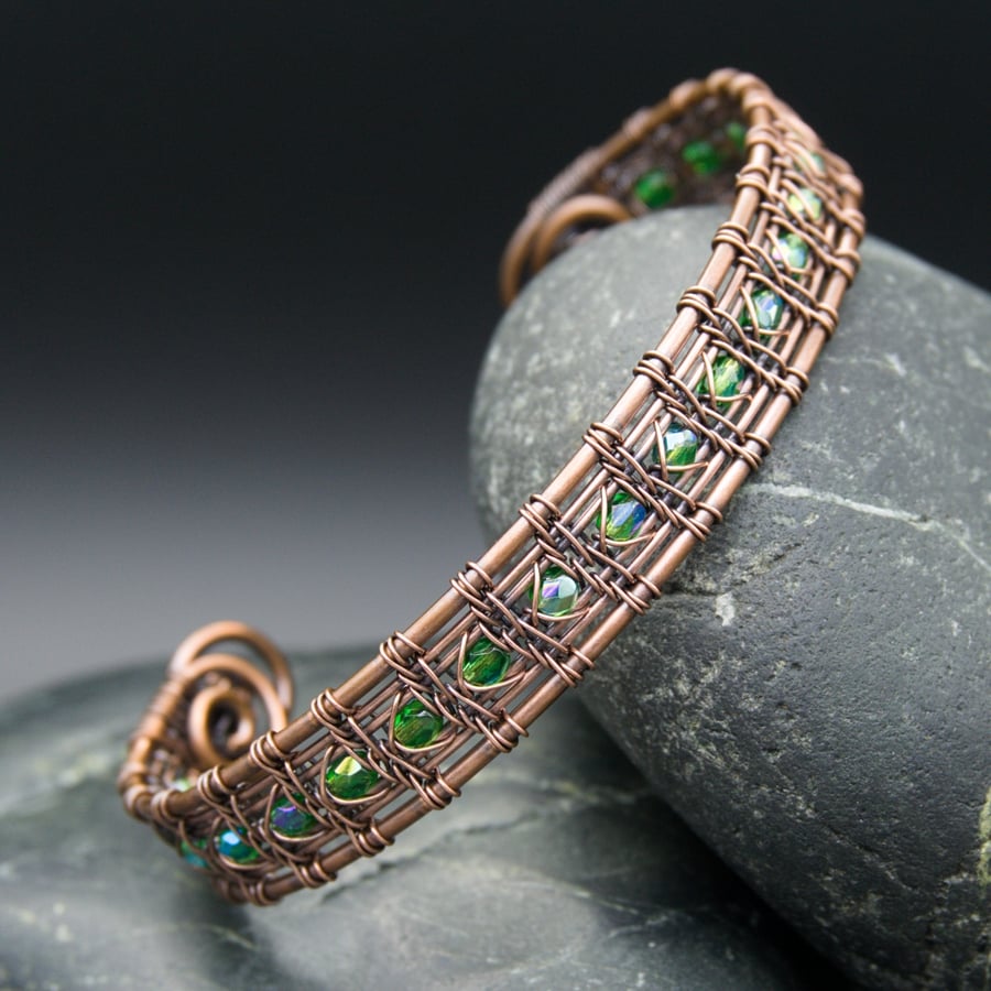Snake Wire Weave Copper Cuff - Wide with Emerald AB Glass Beads