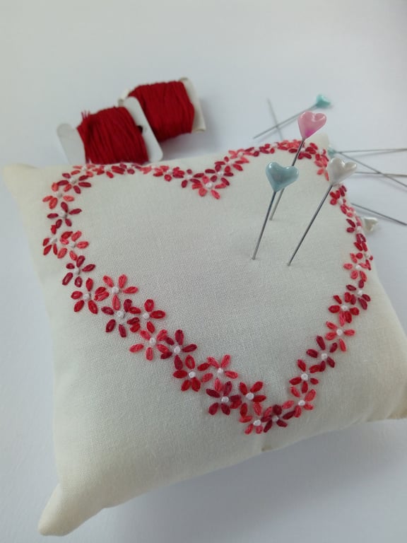 Embroidered Flower Heart Pin Cushion