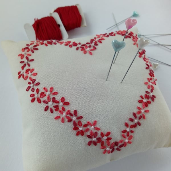 Embroidered Flower Heart Pin Cushion