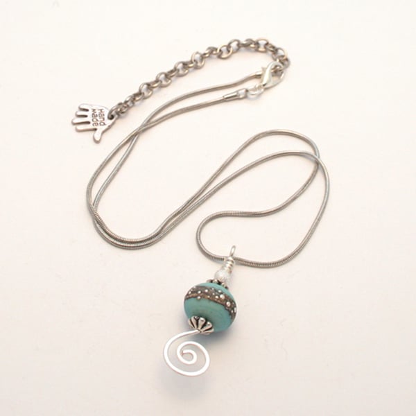 Blue Lampwork Glass Necklace - Handmade Bead and Wire Swirl Pendant