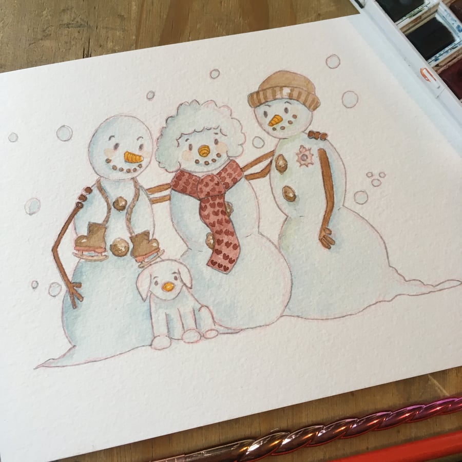 Personalised A5 Watercolour Snowmen painting 