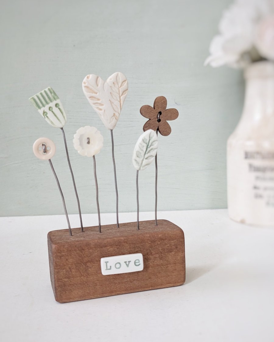 Clay Heart and Flowers in a Button Garden Block 'Love'