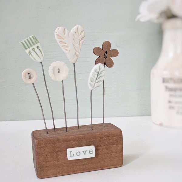 Clay Heart and Flowers in a Button Garden Block 'Love'