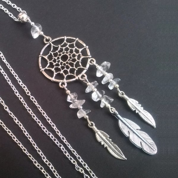 Clear Quartz Dreamcatcher Tribal Necklace Silver Plate 
