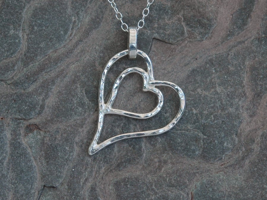 Sterling Silver Nested Hearts Pendant, hammered,  P148