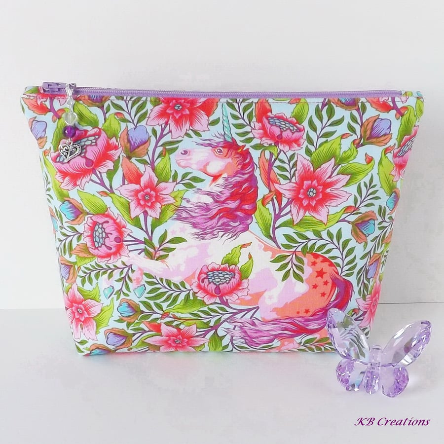 Large zipped pouch, project bag, cosmetic bag, unicorn floral