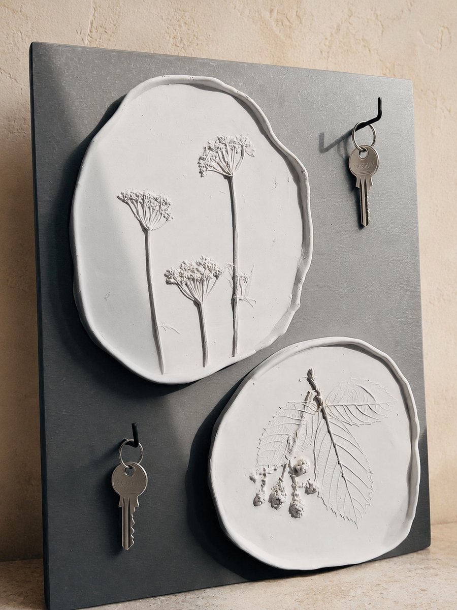 Botanical Plaster Cast Key Holder, Handmade Wall Art with Hooks, Organic Entrywa