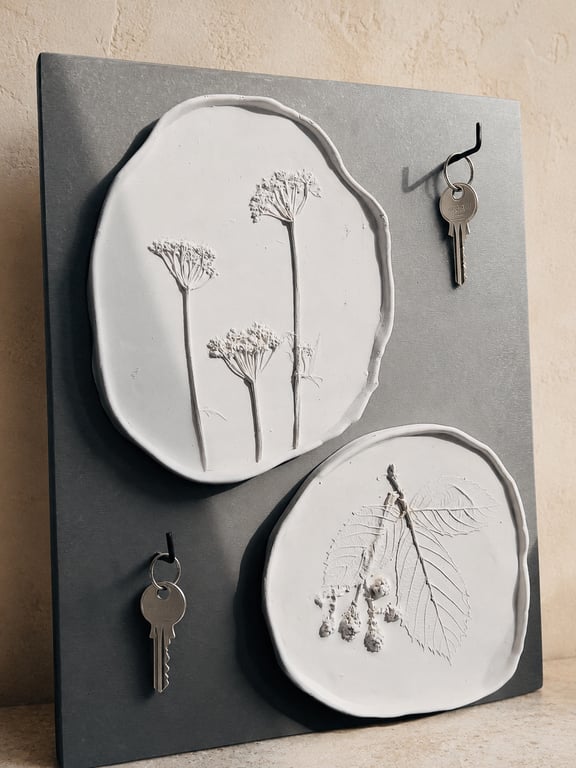 Botanical Plaster Cast Key Holder, Handmade Wall Art with Hooks, Organic Entrywa