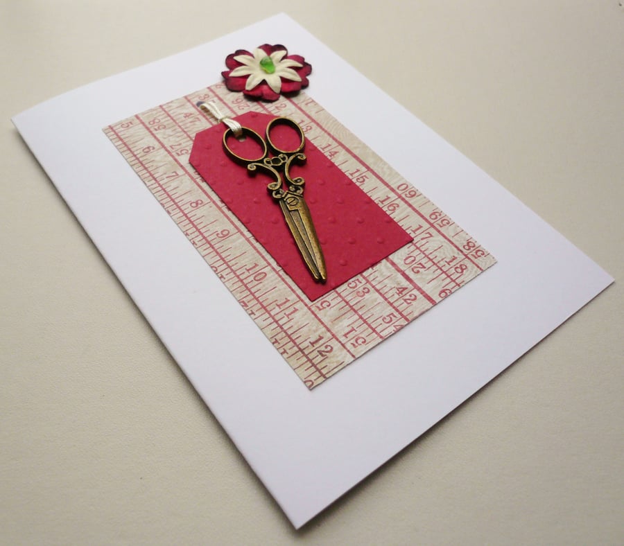 Sewing Scissors Sea Glass Embellished Greetings Card