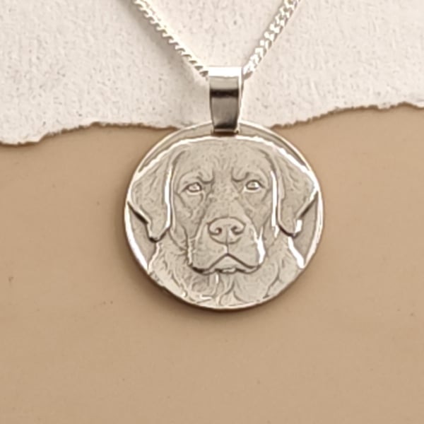 Hand Engraved Labrador Sterling Silver Pendant, Recycled Pet Portrait Necklace (