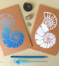 Blue nautilus spiral shell hand printed lino A5 notebook with brown kraft cover - Image 5