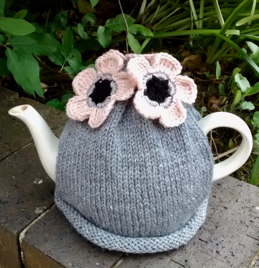Grey Tea Cosy with Pale Peach Flowers, Knitted Tea Cosies