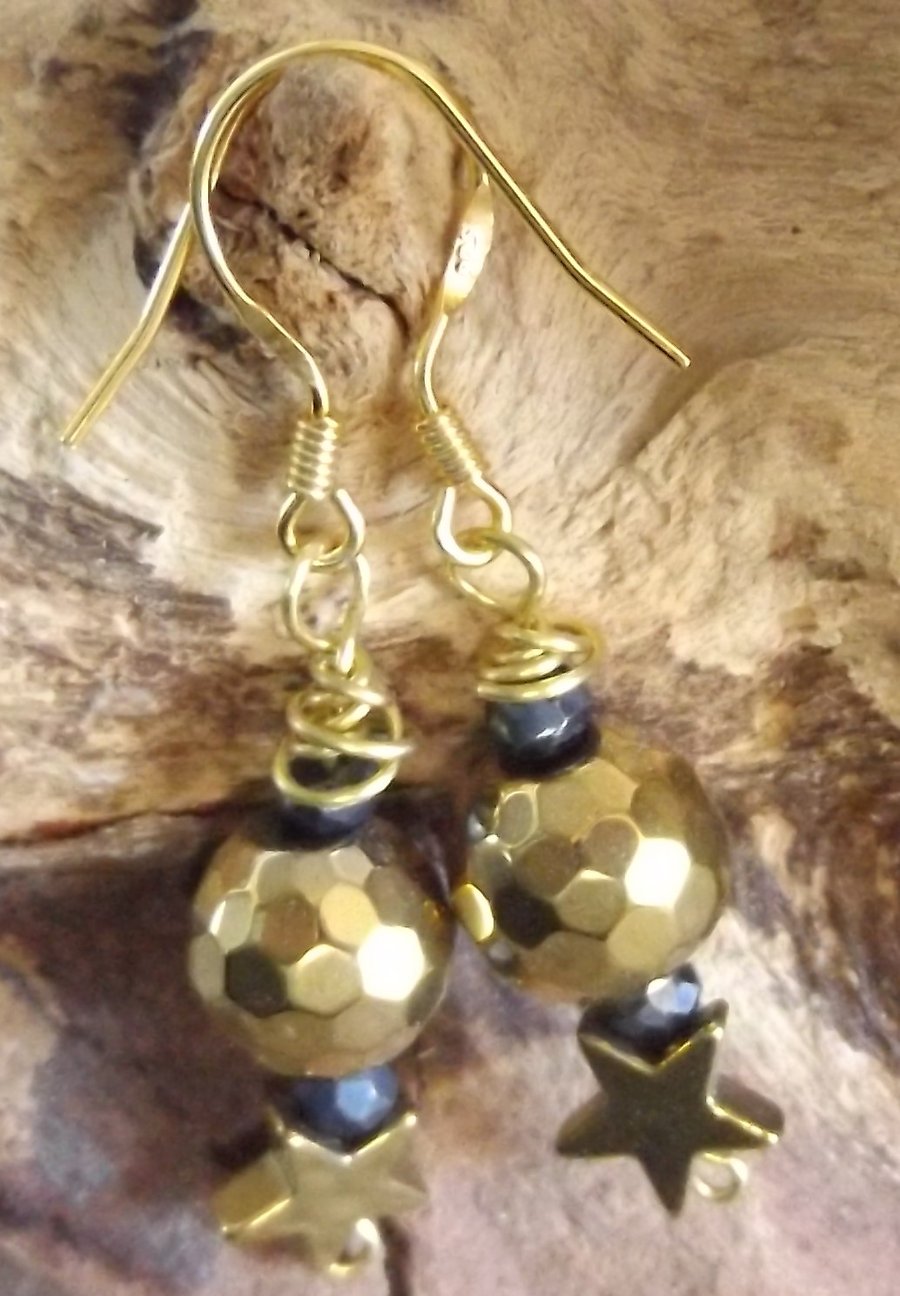 Hematite gold bead and star with coated spinel earrings