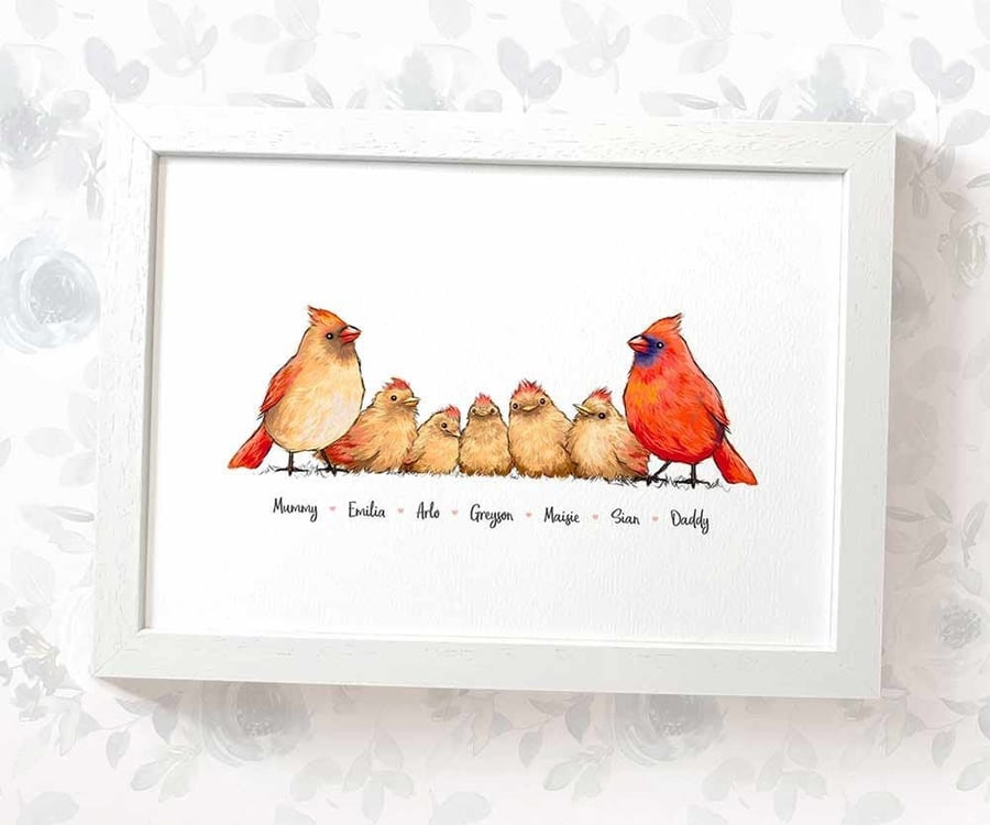 Personalised cardinal family print with names - mothers day or birthday gift