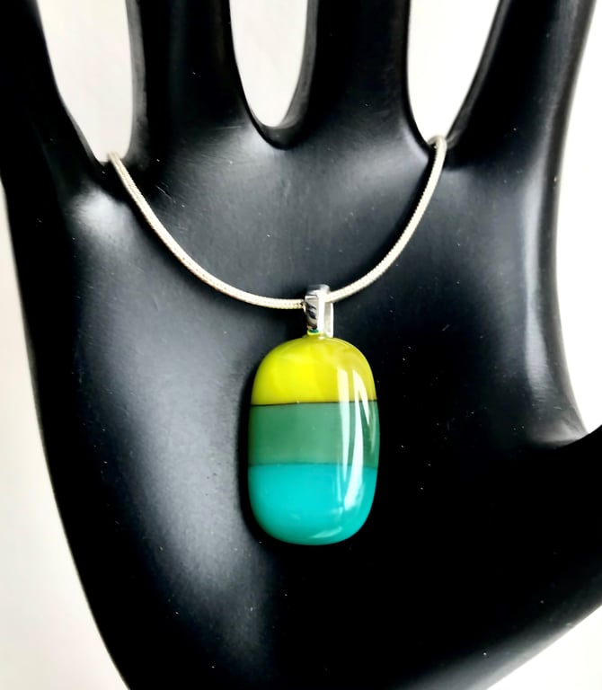 Green Stripe Fused Glass Pendant Necklace 