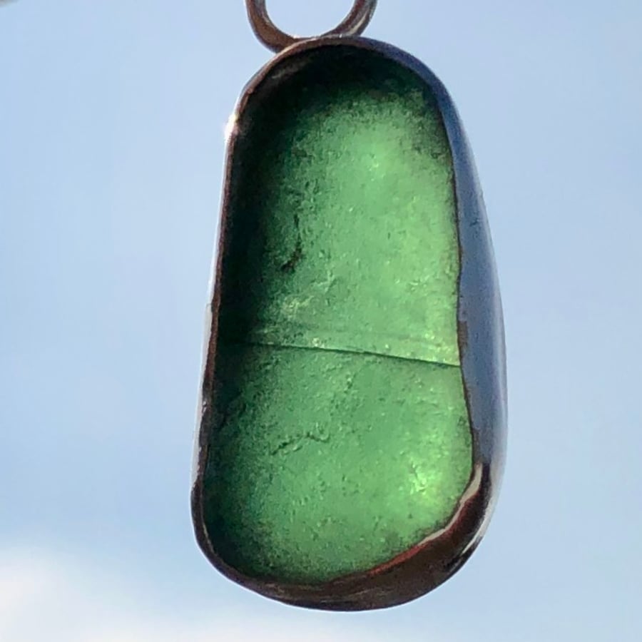 Textured Blue-Green Sea Glass and Sterling Silver Pendant Necklace - 1257