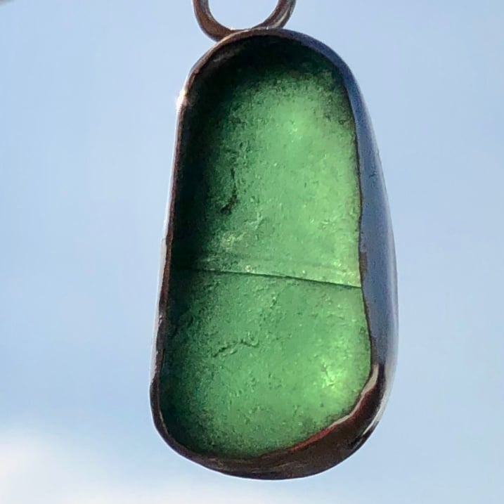 Textured Blue-Green Sea Glass and Sterling Silver Pendant Necklace - 1257