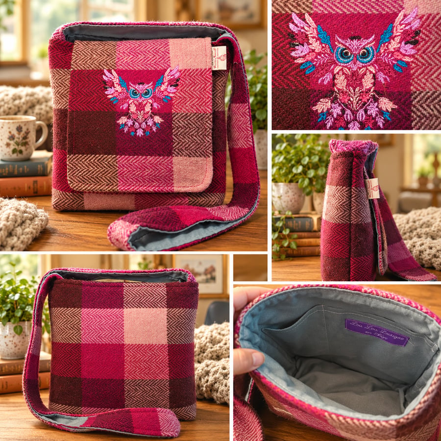 Harris Tweed Crossbody bag with funky owl 