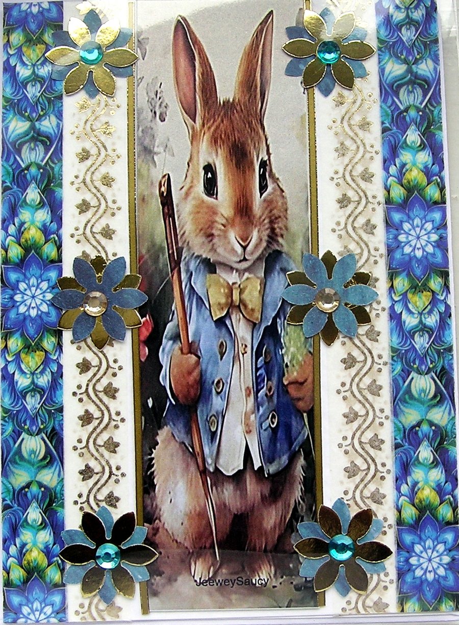 Rabbit - Hand Crafted Decoupage Greeting Card - Blank (3126)