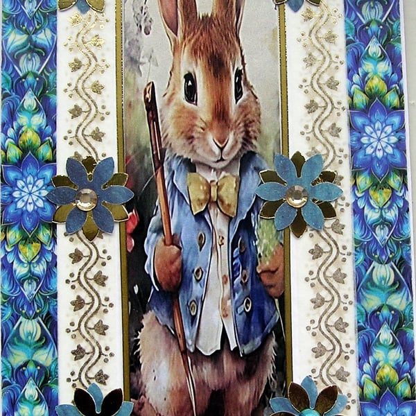 Rabbit - Hand Crafted Decoupage Greeting Card - Blank (3126)