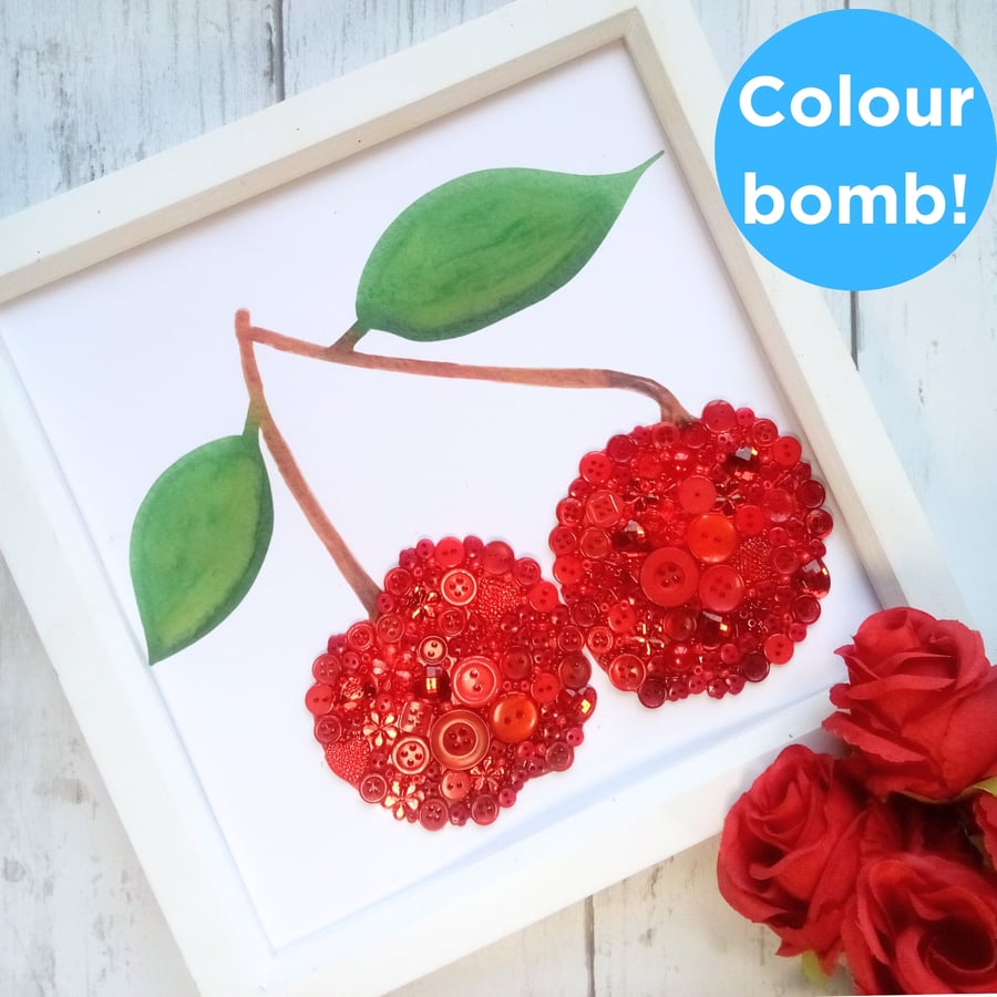 Red Cherries Framed Button Mosaic Artwork Picture Nursery Bedroom Daughter Girl 