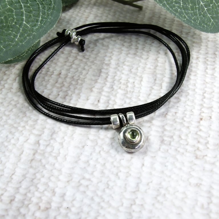 Silver and Peridot Pebble Necklace or Wrap Bracelet on Waxed Cord