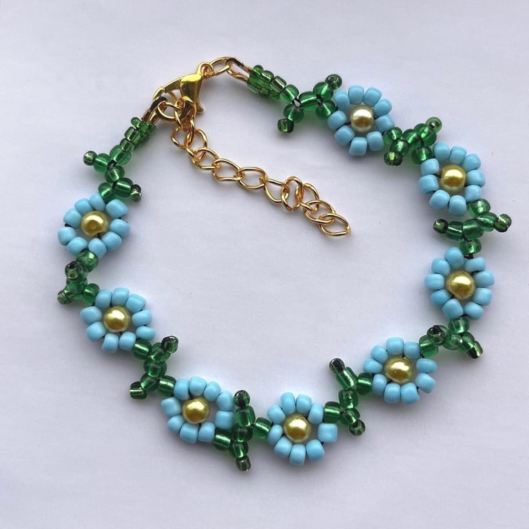  Blue flower bead ankle chain floral flower beaded boho green ditsy anklet 
