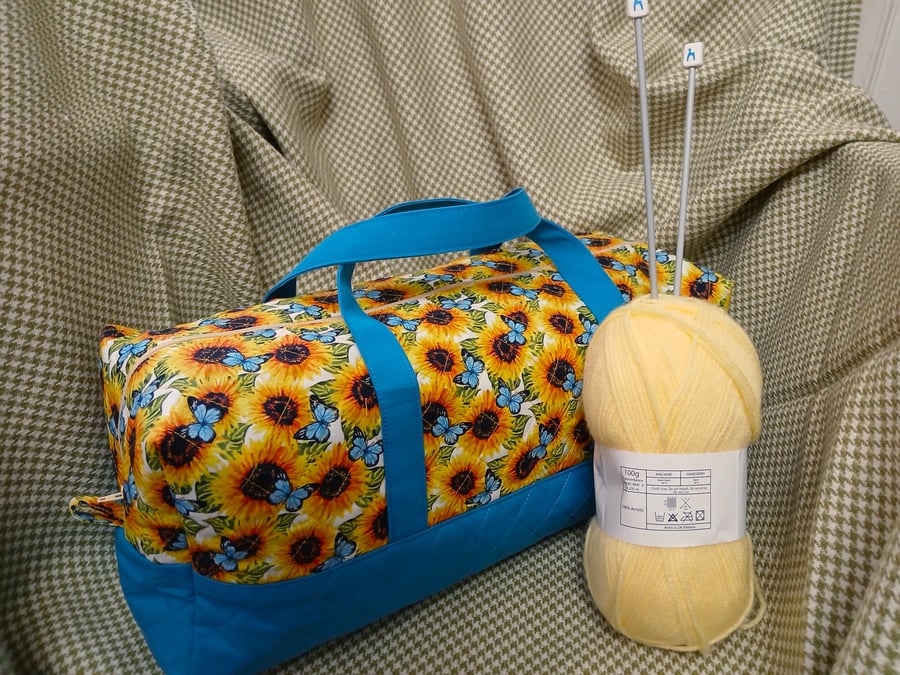 Bag, Sunflowers and Butterflies, handles, quilted  bag for, knitting ,Crochet, 