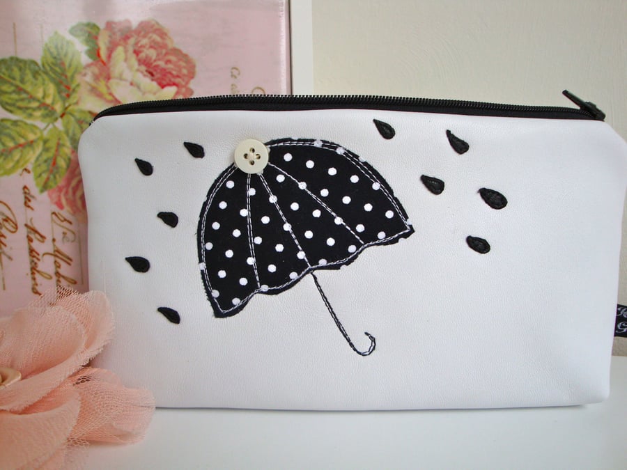 White Leather Pencil case - Make up bag .